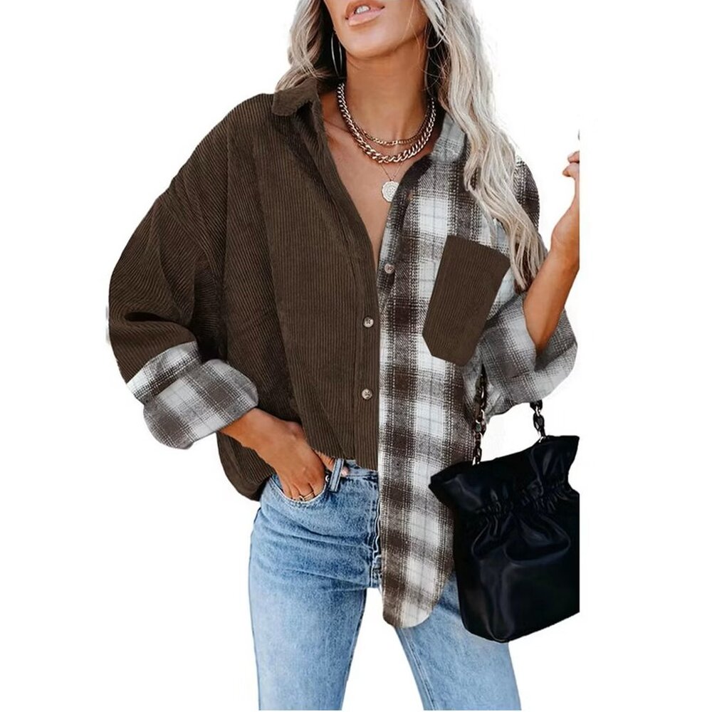 Womens Shacket M Dark Brown Contrast Patchwork Corduroy Button Down Oversized